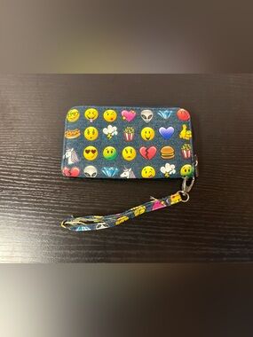 Emoji Print Zip Around Wallet Wristlet Y2K Denim Look Coin Purse
